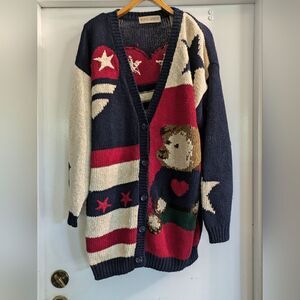 Marsh Landing Red, White Blue Usa Teddy Bear Grandma Knit Cardigan Sweater